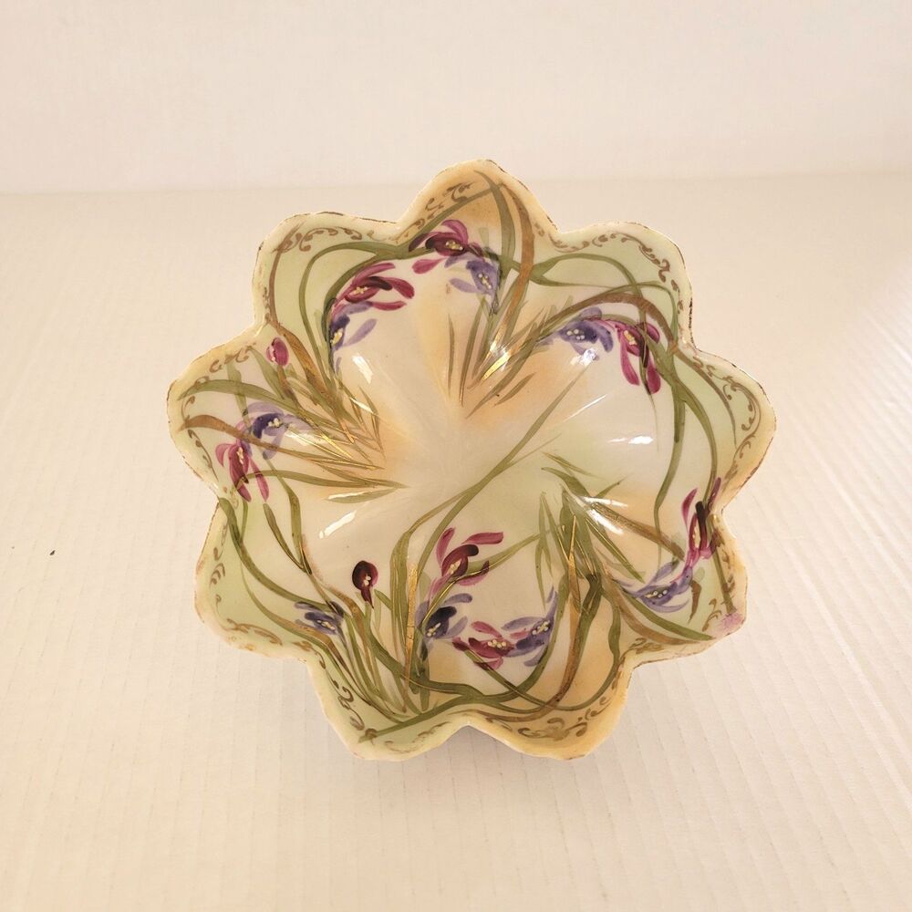 Antique Hand Painted Porcelain Footed Bowl w/ Purple Irises & Gold Gilding